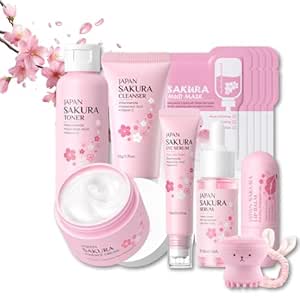 Sakura Skincare Set 13 Pieces with Hyaluronic & Niacinamide, Moisturising Mud Mask, Serum, Face Cream, Facial Cleanser, Face Wash, Eye Serum, Lip Balm, Pink Headband & Octopus Brush Gift Set