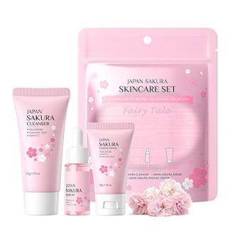 Sakura Face Care Set 3 Pieces - Moisturising Skin Care Sets Teenager Girls Gift - Travel Size Beauty Set with Cleanser, Cream, Serum - Face Care Gentle Cleaning & Nourishing - All Skin Types