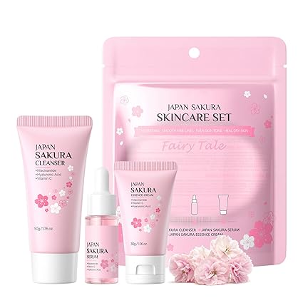 Sakura Face Care Set 3 Pieces - Moisturising Skin Care Sets Teenager Girls Gift - Travel Size Beauty Set with Cleanser, Cream, Serum - Face Care Gentle Cleaning & Nourishing - All Skin Types