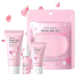 Sakura Skincare Set, Japanese Skin Care Set with Facial Cleanser, Face Serum & Face Cream, Gifts for Teenage Girls, Anti-Ageing Face Care Set, Women's Set, Travel Sizes, Skin Care Set, Pack of 3