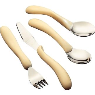 Homecraft Caring Cutlery, Ivory Handle Retail Packed Set, Knife, Fork, Spoon, Teaspoon, (Eligible for VAT Relief in the UK) Stainless Steel Eating Utensil, Silverware for Weak Grip, Elderly, Disabled