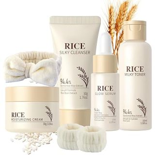 Rice Face Care Skincare Set 7 Pieces, Rice Skin Care Set Gifts for Women, Moisturising Skin Care Set with Cleanser, Facial Water, Serum and Cream, Hair Band, Beauty Set Women