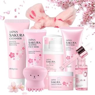 Sakura Skincare Set Teenager Girls Gifts - Skin Care Set - Beauty Set Women - Face Care Set Women - Moisturising Skin Care Gift Set with Cleanser, Serum, Eye Cream (8 Pieces)