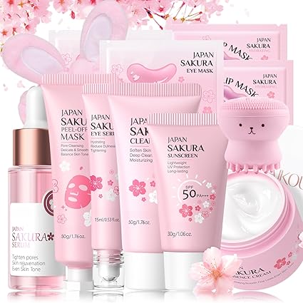 Japan Sakura Skincare Set Teenager Girls Gifts - Skin Care Set - Face Care Set - Hydrating & Smooth Beauty Set - Gift Set for Women - with Cream, Serum, Exfoliating Mask, Headband (12 Pieces)