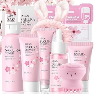 Sakura Skincare Set Teenager Girls Gifts, Gift Set Women, Skin Care Set, Face Care Set, Beauty Set Girls with Face Cream, Cleanser, Toner, Serum, Eye Serum, Mask, Mud Mask (11 Pieces)