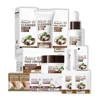 Coconut Oil Skincare Set Korean Skincare with Face Mask, Niacinamide Serum, Face Wash, Face Care Moisturising Cream & Lip Balm - Moisturising Gift Set for Women and Men (10 Pieces)