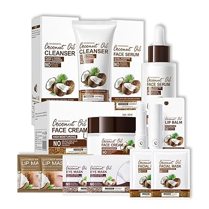 Coconut Oil Skincare Set Korean Skincare with Face Mask, Niacinamide Serum, Face Wash, Face Care Moisturising Cream & Lip Balm - Moisturising Gift Set for Women and Men (10 Pieces)