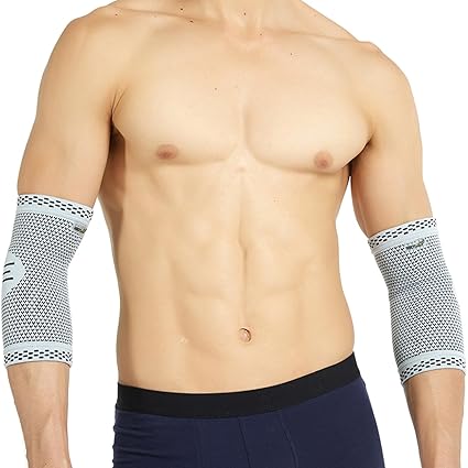 NEOtech Care Elbow Support - Bamboo Fibre & 3D Knitted Fabric - Elastic & Breathable - for Golf, Tennis, Sports - Right or Left Arm (Grey, 1 Pair, Small)