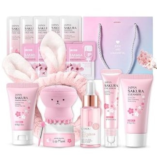 Sakura Sakura Face Care Set 11 Pieces Moisturising Skin Care Sets Serum, Face Cream, Cleanser, Toner, Eye Serum, Mask, Mud Mask, Gift Set for Face Cleaning & Care (Pink Purple)