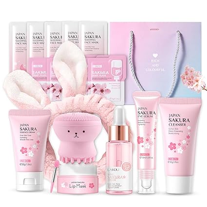 Sakura Sakura Face Care Set 11 Pieces Moisturising Skin Care Sets Serum, Face Cream, Cleanser, Toner, Eye Serum, Mask, Mud Mask, Gift Set for Face Cleaning & Care (Pink Purple)