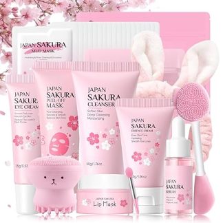Sakura Skincare Set Teenager Girls Gifts - Gift Set Women - Skin Care Set - Gentle Cleaning & Nourishing Face Care Set - Beauty Set Girls - with Mud Mask, Serum, Cream, Brush (29 Pieces)