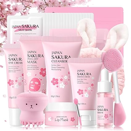 Sakura Skincare Set Teenager Girls Gifts - Gift Set Women - Skin Care Set - Gentle Cleaning & Nourishing Face Care Set - Beauty Set Girls - with Mud Mask, Serum, Cream, Brush (29 Pieces)