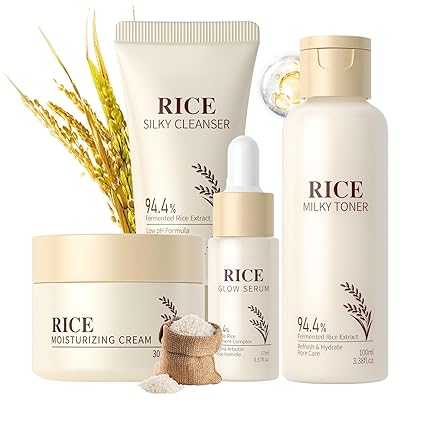Rice Face Care Skincare Set 4 Pieces, Rice Care Set Women's Skin Care Smooths the Skin, Beauty Set Women Deep Moisture, Soothing Care Set Women with Cleanser, Rice Toner, Face Cream, Serum