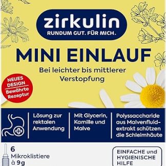 Zirkulin Mini Enema for Mild to Moderate Constipation with Glycerin, Chamomile and Mallow Stimulates Intestinal Emptying 1 x 6 Microclysters of 9g