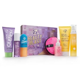 W7 Beauty Blast Skincare Secrets Gift Set - Complete Skincare Routine Kit with Day Cream, Serum, Cleanser, Toner, Eye Cream & Reusable Pad