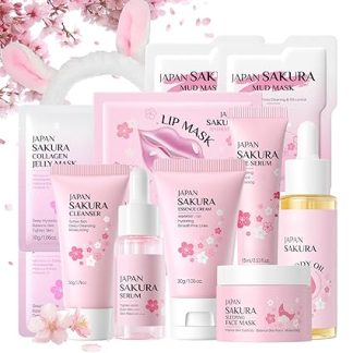 Japan Sakura Skincare Set Teenager Girls Gifts - Skin Care Set - Beauty Set Women - Hydrating Face Care Set Women with Cleanser, Serum, Lip Mask, Body Oil