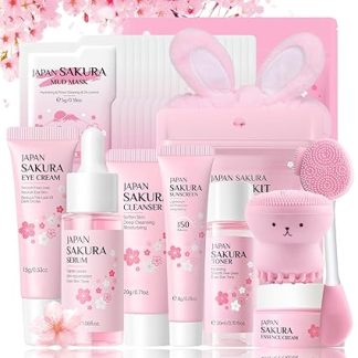 Sakura Skin Care Set Gifts for Women - Skincare Set - Face Care Beauty Set Girls - Travel Set Face Care Set Cleansing & Nourishing - With Mud Masks, Serum, Cream, Sun Cream (29 Pieces)