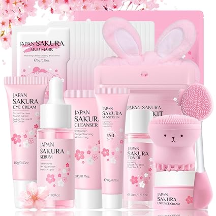 Sakura Skin Care Set Gifts for Women - Skincare Set - Face Care Beauty Set Girls - Travel Set Face Care Set Cleansing & Nourishing - With Mud Masks, Serum, Cream, Sun Cream (29 Pieces)