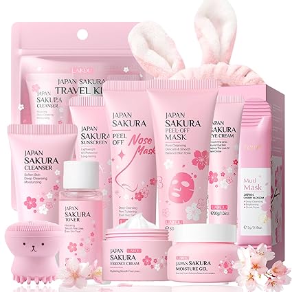 Sakura Skincare Set Girls Gifts - Sakura Face Care Set - Anti-Ageing Moisturising Gift Set for Women Teenagers - Girls Beauty Set with Cleanser, Cream, Toner, Mask, Sun Cream