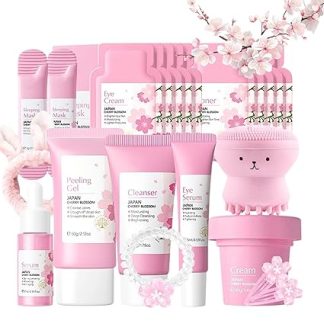 Sakura Skin Care Set Gifts - 21 Pieces Korean Skincare Set with Face Mask, Niacinamide Serum, Cleanser, Face Cream, Eye Cream, Exfoliating Face & Facial Toner, Beauty Set for Girls and Women