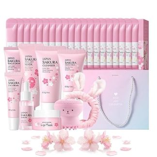 Sakura Skincare Set Teenager Girls Gifts - Sakura Facial Care Set Women - Gentle Cleaning & Nourishing Beauty Set with Cleanser, Serum, Cream, Eye Cream, Mask, Hairband, Face Brush - 31 Pieces