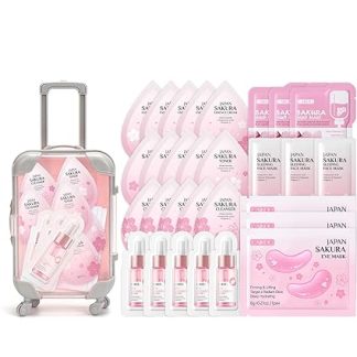 Sakura Skincare Set Teenager Girls Gifts with Mini Suitcase Holiday Fund Money Box, Japanese Skincare Beauty Set, Skin Care Travel Set, Toner, Serum, Cream, Mask, Cleansing Pamper Gift Set, 30 Pieces