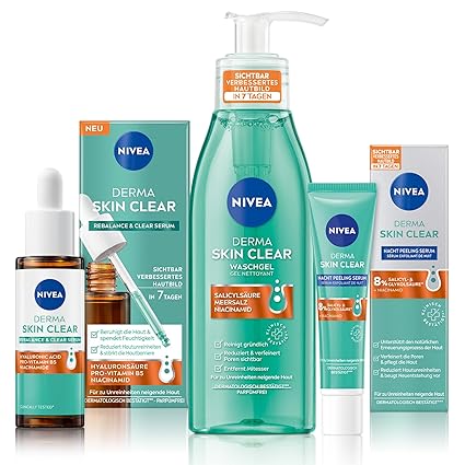 NIVEA Derma Skin Clear Routine Set with Rebalance & Clear Serum, Night Scrub Serum & Wash Gel, Face Care for Blemished Skin with Salicylic Acid & Niacinamide