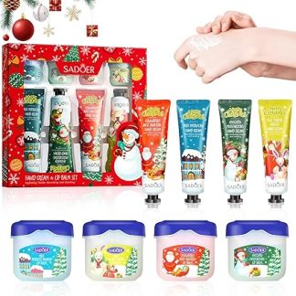 Set of 8 Hand Cream Mini Hand Cream Set, 4 Hand Care Cream + 4 Moisturising Lip Balms, Christmas Hand Cream, Hydrating Lip Balm Set, for Christmas, Birthday Gift
