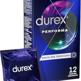 Durex Performa Condoms, Sex-Prolonging Condoms with 5% Benzocaine Gel and Easy-On Shape, Pack of 12 (1 x 12 Condoms)