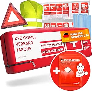Car Combination Bag with Ventilation Cloth [DIN 13164] - First Aid Kit Car with Warning Triangle & High Visibility Vest - Car First Aid Kit StVO Compliant for 2026 - First Aid Kit Car