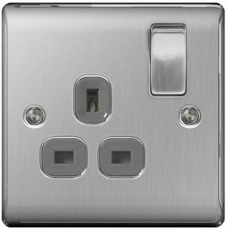 BG Electrical NBS21G Nexus Metal Brushed Steel 1 Gang 13A DP Switched Socket c/w Grey Insert