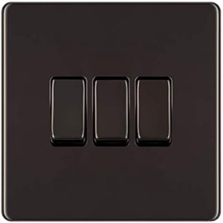 BG Electrical 2 x Screwless Flat Plate Triple Light Switch, Black Nickel, 2 Way, 10AX