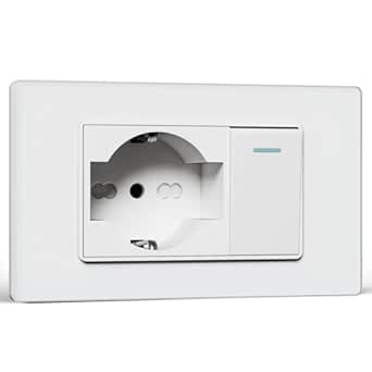 BSEED Schuko e Interrutore Socket 1 Gang 1 Via, Sockets Electric da Muro 10A/16A e Interruttore a Levetta, Schuko con Pannello di Vetro, Socket Bipassa 118 mm, White