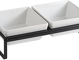 Ceramic Dog Bowl - Raised Dog Feeding Bowl - Feeding Bowl for Medium Dogs - Double Bowl with Stand - 2 x 1000 ml - White