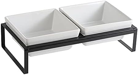 Ceramic Dog Bowl - Raised Dog Feeding Bowl - Feeding Bowl for Medium Dogs - Double Bowl with Stand - 2 x 1000 ml - White