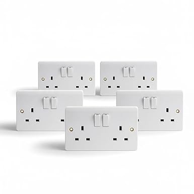 Pack of 5 White Square 13 Amp 2 Sockets