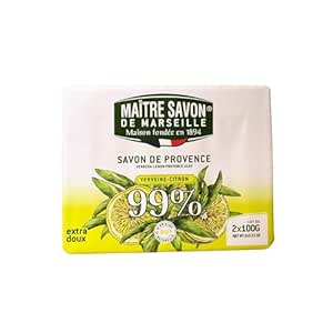 Maître Savon de Marseille Provence Soap Verveine Lemon - Extra Mild - 2 x 100 g - 99% Natural Ingredients - Hands & Body