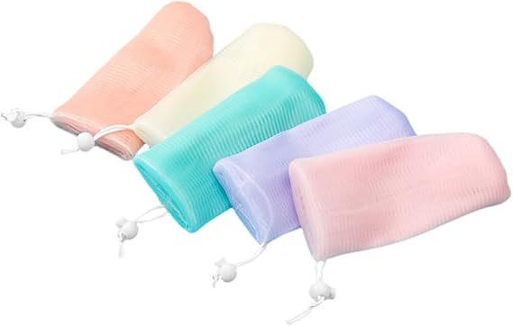 Pack of 5 mesh soap bags for solid soap, soap saving bag made of mesh bag for soap pieces, exfoliating soap bag for skin care, lightweight and portable, with drawstring for easy