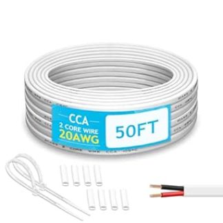 20 Gauge 2 Conductor Electrical Wire, 50FT White PVC Stranded Low Voltage 20/2 Cable, 20AWG Copper-clad Aluminium Copper Wire Extension Power Cable for LED Lamp Lighting, DIY Automotive Repair RV 12V
