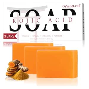 kojic acid soap, turmeric soap, turmeric soap for dark spots, fresh citrus fragrance, gentle for face and body wash with vitamin C, shea butter, retinol, olive oil, collagen (pack of 3)