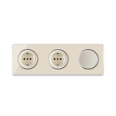 OneKeyElectro 2x Schuko Socket + Light Switch Simple + Elegant Garda Glass Cover Frame 3-Way Horizontal Screw Terminals 230 V/16 A, Protection Class IP20, Good Heat Resistance, Beige