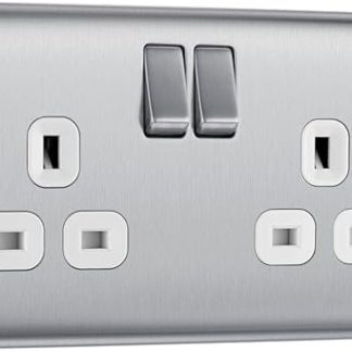 BG Electrical NBS22W 13amp Double Metal Brushed Steel Switched Power Socket - White Insert