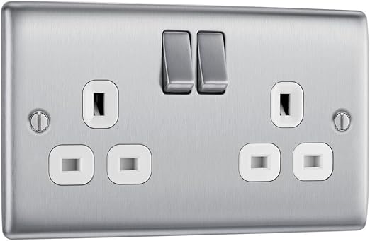 BG Electrical NBS22W 13amp Double Metal Brushed Steel Switched Power Socket - White Insert