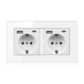 LAIVIYA Wall Socket, 2 Sockets, USB Recessed Socket with 2 Sockets, 2 USBA, 2 USB-C, USB Wall Socket, Wall Socket with Glass Plate, Easy Installation