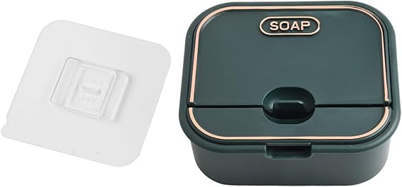 Soap Storage Holder with Punch Wall Mount and Lid, Flip Top Design for Convenient Soap Access, Top Layer Drains Water Quickly with Bottom Shelf (Green)