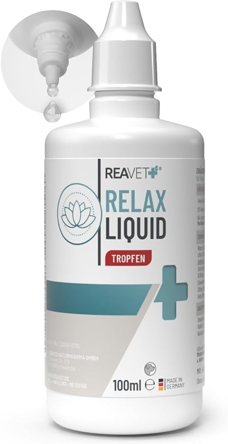 ReaVET Relax Liquid Drops for Dogs 100 ml - Soothing with Valerian, L-Tryptophan, Vitamin B12 & Melissa I Soothing Drops Dog for New Year's Eve, Travel & Car Trips