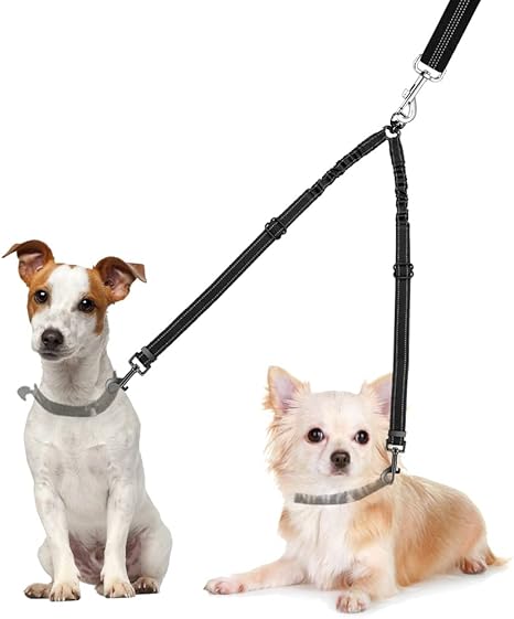 Nasjac Double Dog Lead, No Tangle 360° Rotating Splitter Double Lead for Two Dogs, Adjustable Shock Absorbing Bungee Reflective Lead for Dogs Small Medium and Large Running Training