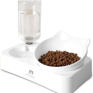 Marchul Cat Bowl, 15° Tilting with Automatic Water Bottle, Tilted Raised Water Bowl for Small and Medium Dogs and Cats