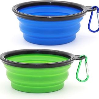 SLSON Pack of 2 Dog Bowls, Foldable Travel Bowl, Leak-Proof Dog Bowl with Mountaineering Carabiner for Cats, Dogs and Pets, for Water and Food (350 ml, Blue and Green)