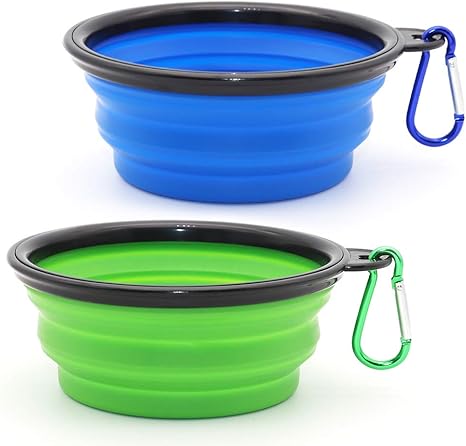 SLSON Pack of 2 Dog Bowls, Foldable Travel Bowl, Leak-Proof Dog Bowl with Mountaineering Carabiner for Cats, Dogs and Pets, for Water and Food (350 ml, Blue and Green)